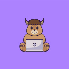 Cute sheep using laptop. Animal cartoon concept isolated. Can used for t-shirt, greeting card, invitation card or mascot. Flat Cartoon Style