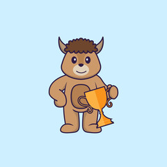 Cute sheep holding gold trophy. Animal cartoon concept isolated. Can used for t-shirt, greeting card, invitation card or mascot. Flat Cartoon Style