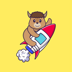 Cute sheep flying on rocket. Animal cartoon concept isolated. Can used for t-shirt, greeting card, invitation card or mascot. Flat Cartoon Style