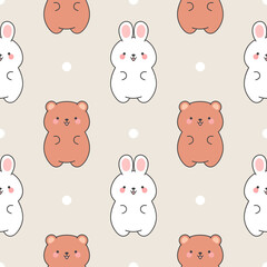 Cute rabbit and teddy bears pattern, seamless background, hand drawn cartoon with heart, vector illustration