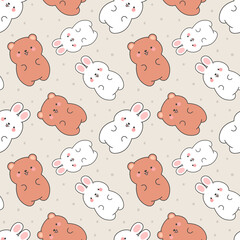 Cute rabbit and teddy bears pattern, seamless background, hand drawn cartoon with heart, vector illustration