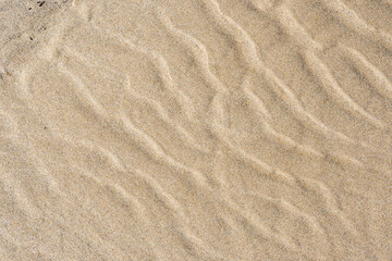 Sand beach texture. Natural background. Sand waves background. Sandy dunes, tropical seashore landscape.