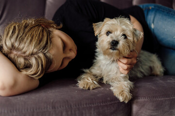 Young woman lies on pink sofa and hugs Yorkshire Terrier dog. They are happy and relaxed together. Dog looks at camera. Concept of home comfort. Rest and relaxation. Stress relief in modern world.