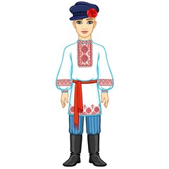 Animation portrait of the young Belarusian boy in traditional clothes. Eastern Europe. Full growth. Vector illustration isolated on a white background.