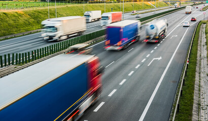 Trucks on six lane controlled-access highway in Poland