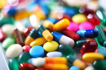 Variety of drug pills and dietary supplement capsules