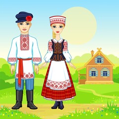 Obraz na płótnie Canvas Slavic beauty. Animation portrait of the Belarusian family in national clothes. Full growth. Background - summer a landscape, the ancient wooden house. Vector illustration.