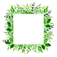 Square frame made of green watercolor herbs