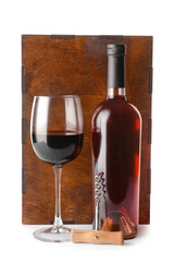 Box with bottle of wine, glass and corkscrew on white background