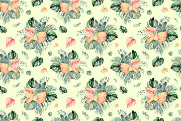 watercolor set of exotic patterns tropical flowers and leaves