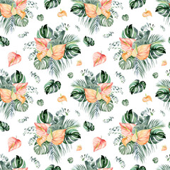 watercolor set of exotic patterns tropical flowers and leaves