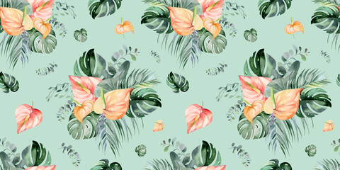 watercolor set of exotic patterns tropical flowers and leaves