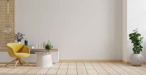 Living room interior room wall mockup in warm tones,yellow armchair with wood cabinet. © Vanitjan