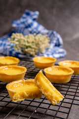 The egg tart  is a kind of custard tart found in Cantonese cuisine derived from the English custard tart and Portuguese pastel de nata. Egg tarts are often served at dim sum restaurants and cha chaan 