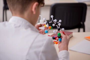 Schoolboy studying chemistry in the classroom