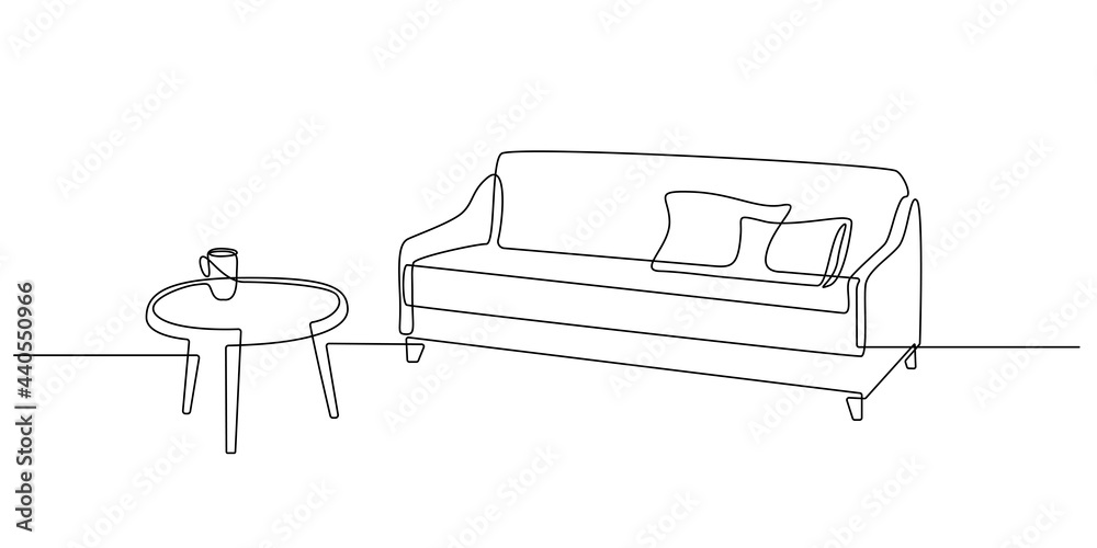 Leinwandbilder One continuous line drawing of sofa with table and cup. Home modern furniture of couch with two pillows in simple linear style. Editable stroke Vector illustration