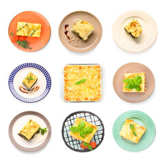Set of tasty homemade lasagna on white background, top view