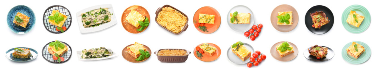Plate with piece of tasty homemade lasagna on white background
