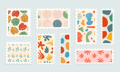 Fototapeta na wymiar Set of beautiful hand-drawn post stamps. Variety of modern vector isolated post stamp designs. Floral post stamps. Mail and post office conceptual drawing. Hand with flower, leaves of monstera 