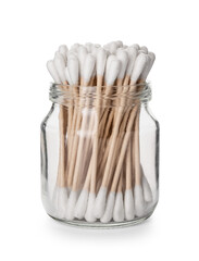 Glass jar with cotton swabs on white background