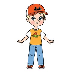 Cute cartoon boy in cap with visor, t-shirt and jeans color variation for coloring on a white background