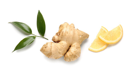Fototapeta premium Fresh ginger with lemon on white background