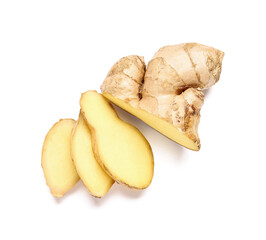 Sliced fresh ginger on white background
