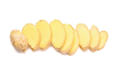 Slices of fresh ginger on white background