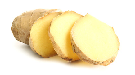 Sliced fresh ginger on white background