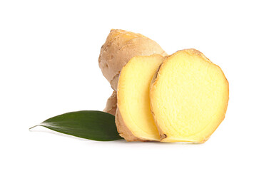 Sliced fresh ginger on white background