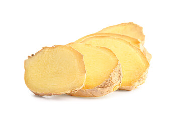 Slices of fresh ginger on white background
