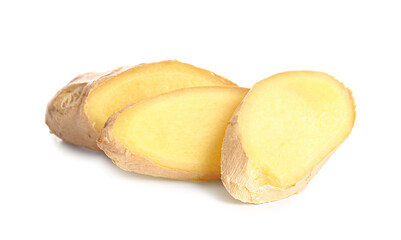Slices of fresh ginger on white background