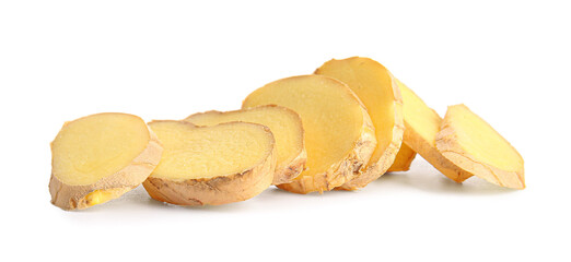 Slices of fresh ginger on white background