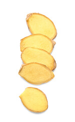 Slices of fresh ginger on white background