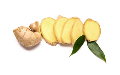 Sliced fresh ginger on white background