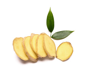 Slices of fresh ginger on white background