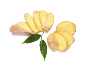 Sliced fresh ginger on white background