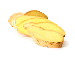 Slices of fresh ginger on white background