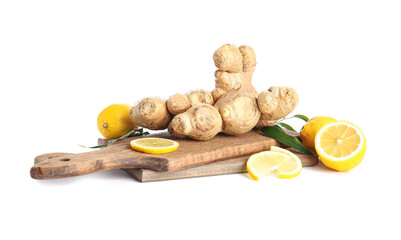 Fresh ginger with lemon on white background