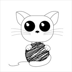 kitten drawn in vector plays with a tangle of threads