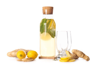 Bottle of cold ginger lemonade on white background