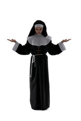 Young praying nun on white background