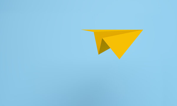 Isometric yellow paper airplane flying on blue background.