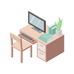 Set of Working table furniture. Chair, table, computer, keyboard, books, shelf and plant. Isometric Drawing Vector.
