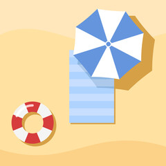 Top view of Towel, Umbrella and swim tube on Sand, For Summer Icon, Background Design.