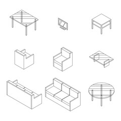 Set of Living room furniture. Chair, Sofa, table and television. Outline Isometric Drawing Vector.