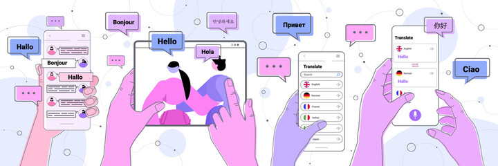 people using mobile translation application multilingual greeting international communication concept