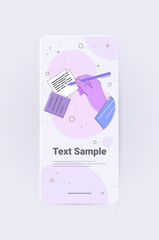 human hand writing notes in mobile app writer journalist or author with pen working on document vertical copy space vector illustration