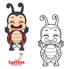 Cute happy cartoon little ladybug stand and shows victory sign color variation for coloring page isolated on white background