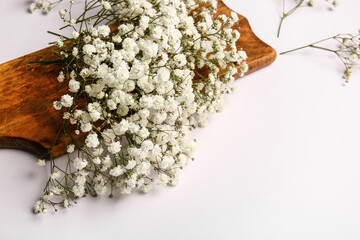 Board with beautiful gypsophila flowers on white background
